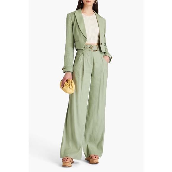 Veronica Beard Pants - Veronica Beard Rimini Belted Pleated Linen Wide Leg Trouser Pants Sage Green 4